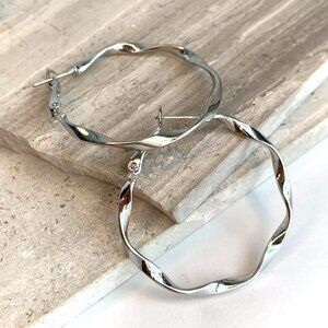 New~ Anthropologie Twisted Silver Hoop Medium Earrings